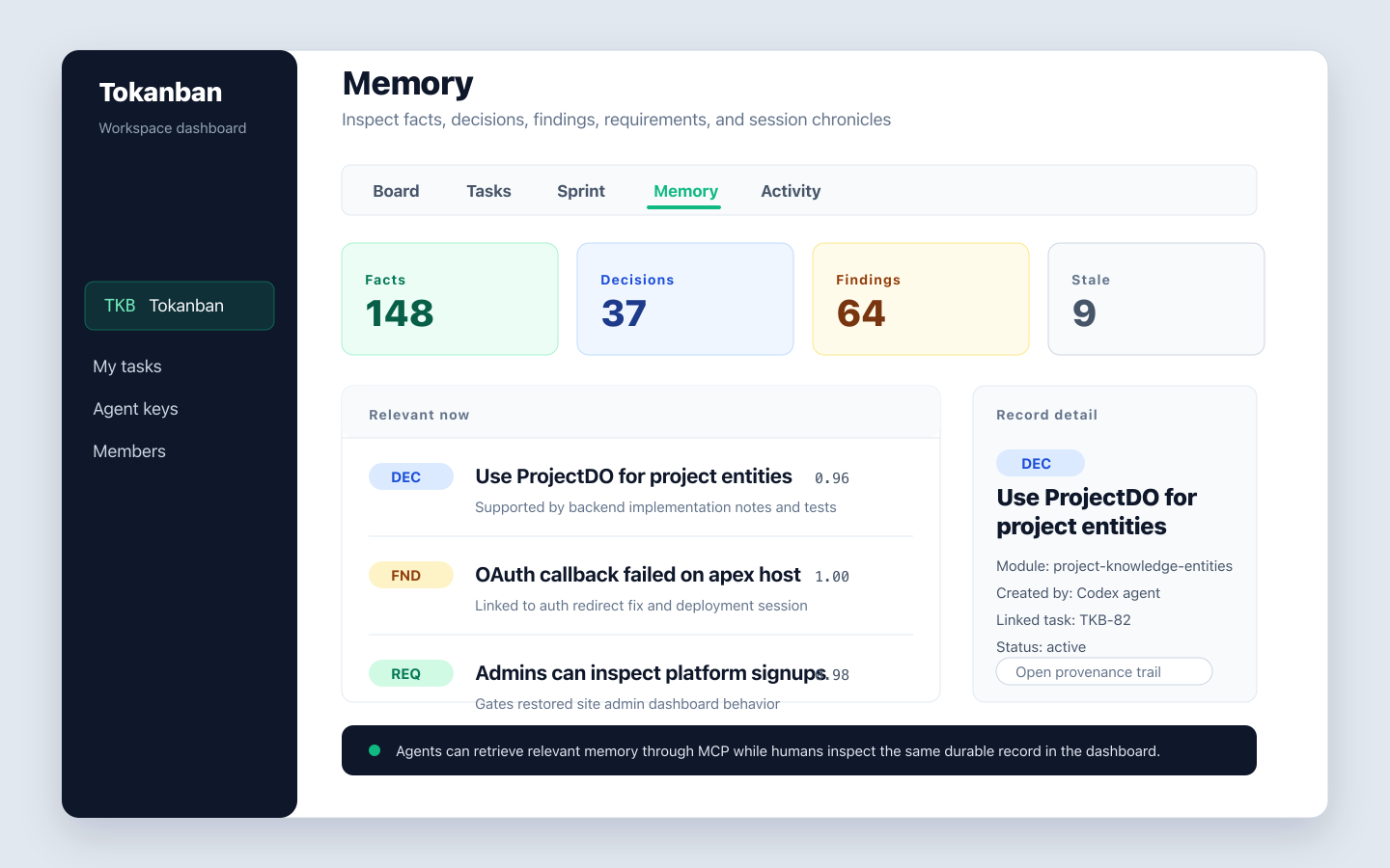 Tokanban memory view showing agent facts, decisions, findings, requirements, confidence, and provenance.